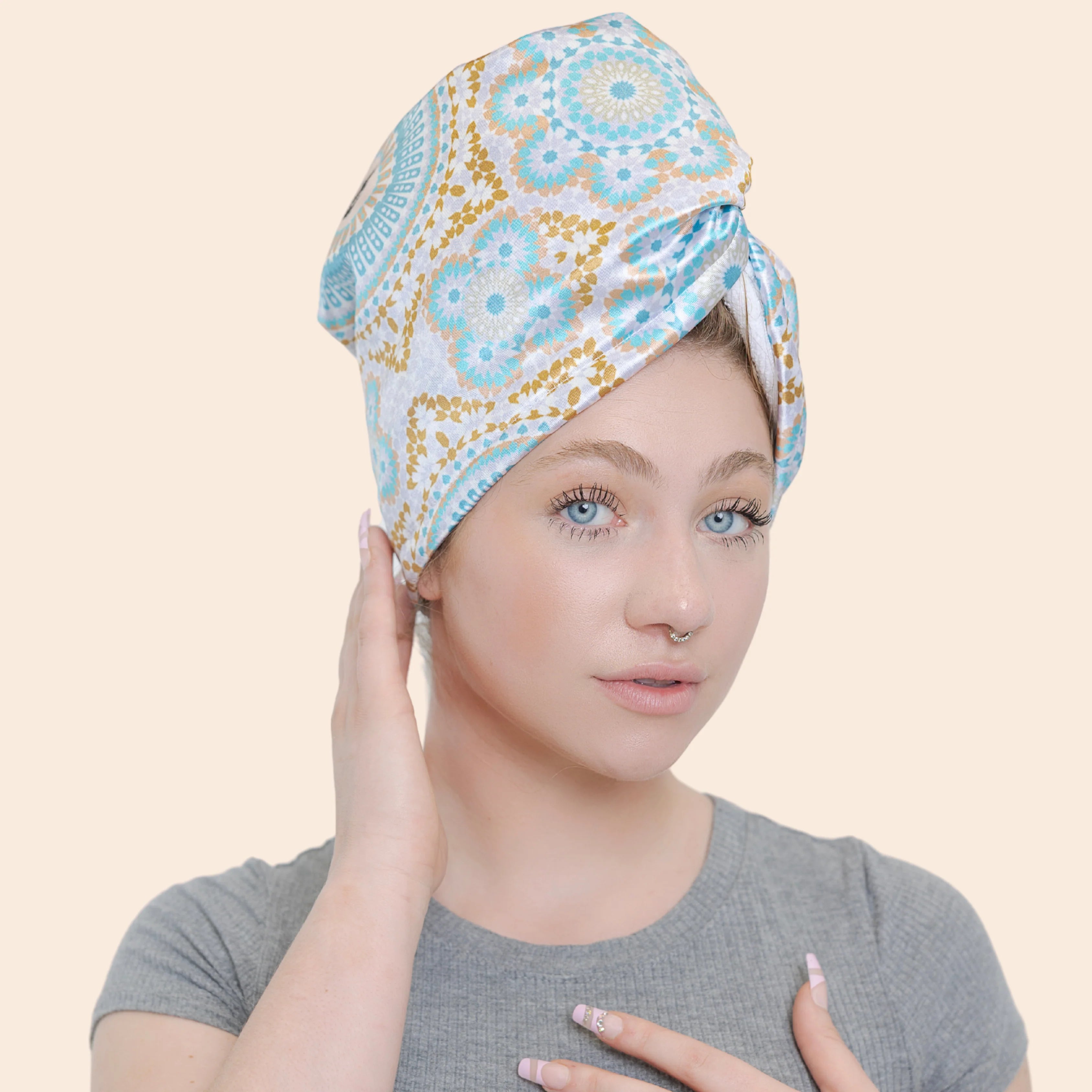 Bounce Curl Satin Microfiber Turban - model wearing turban lifestyle shot