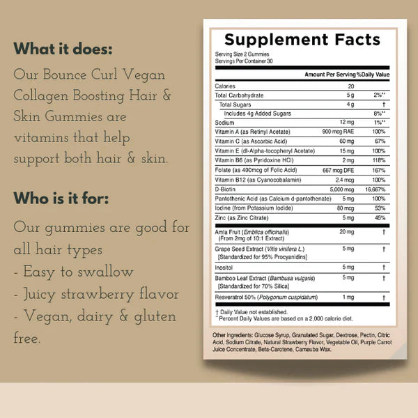 Bounce Curl Vegan Collagen Boosting Gummies - product information and key ingredients