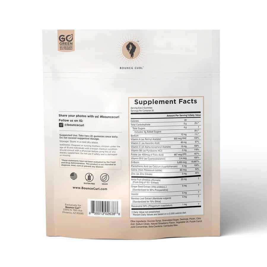 Bounce Curl Vegan Collagen Boosting Hair & Skin Gummies - strawberry flavour back of bag